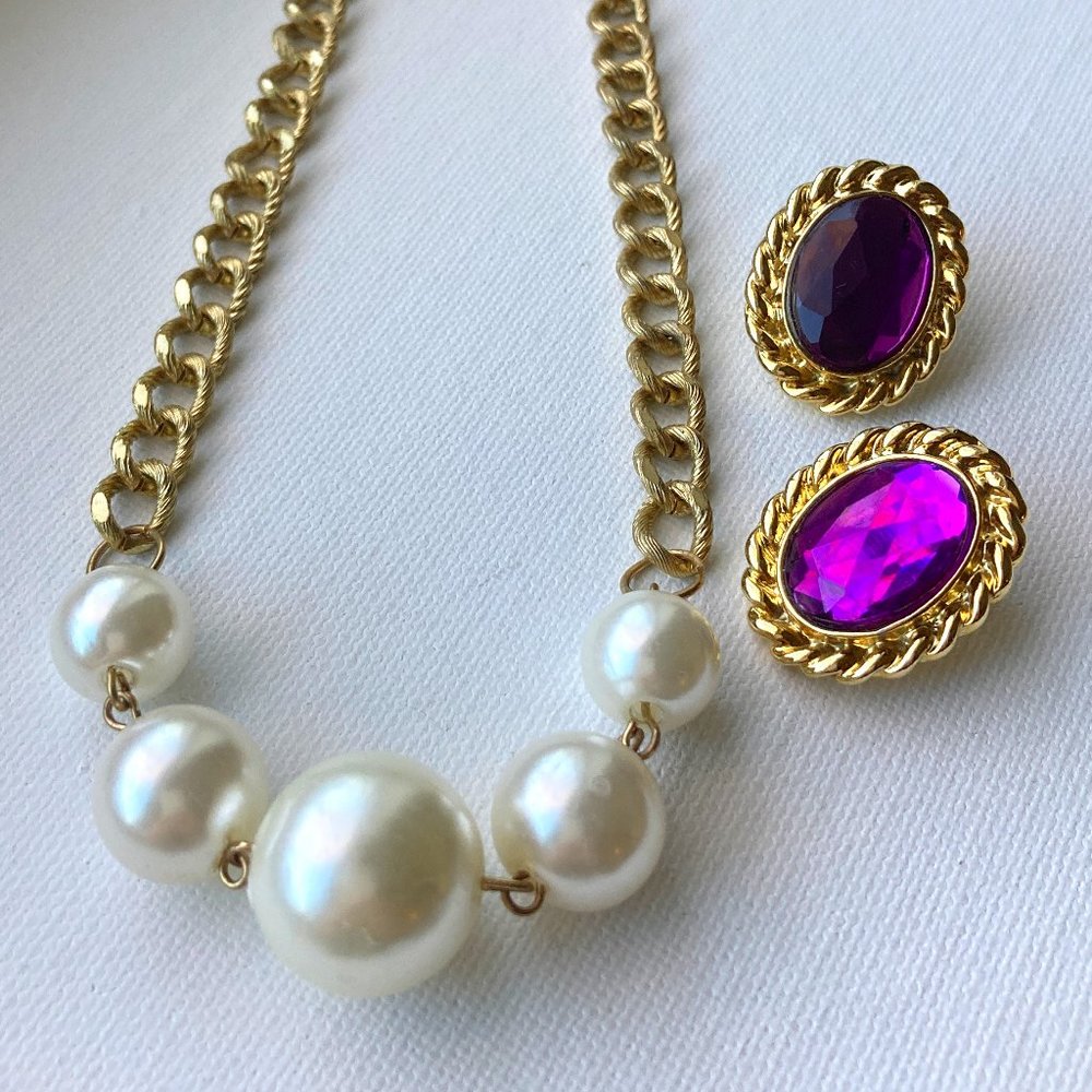 Faux Pearl Necklace + Vintage Magenta Earrings Set